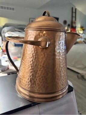 Vintage Hammered Solid Copper Coffee Pot with Lid and Handle